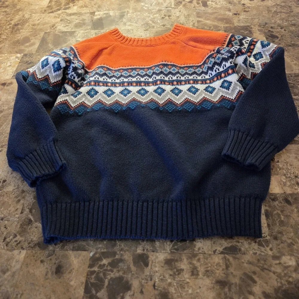 Old Navy boys sz 5T fair isle pullover sweater blue/orange 100% cotton